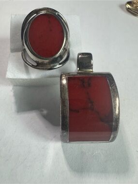 Vintage Silver and Red Jasper ring and pendant. Made in Mexico. Ring size 9